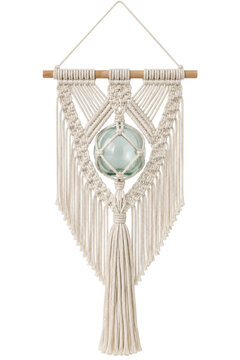 Handmade macrame wall hanging with a decorative glass buoy sphere on a wooden dowel rod