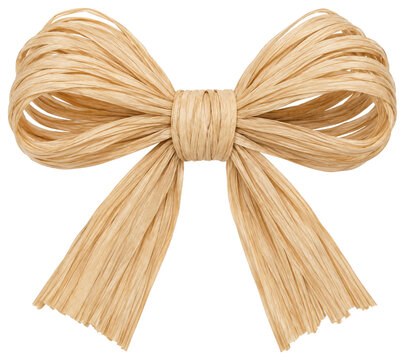 Decorative raffia bow made of natural dried palm fibers isolated on a clean white background