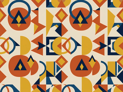 Abstract geometric seamless pattern with circles triangles and squares in retro colors.