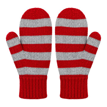Pair of cozy red and grey striped knitted mittens isolated on a clean white background