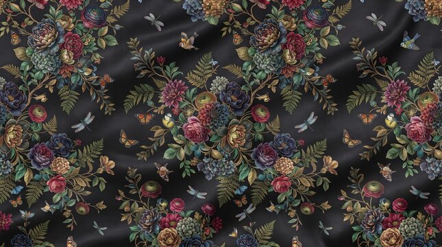 Dark floral pattern with vintage style flowers, butterflies, dragonflies, and small birds on a black background, seamless botanical fabric print design