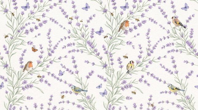 Seamless floral pattern with lavender sprigs, colorful birds, butterflies and bees isolated on white background
