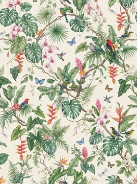 A tropical botanical pattern wallpaper featuring lush green monstera leaves, vibrant pink orchids, exotic flowers, and colorful birds on branches against a light background