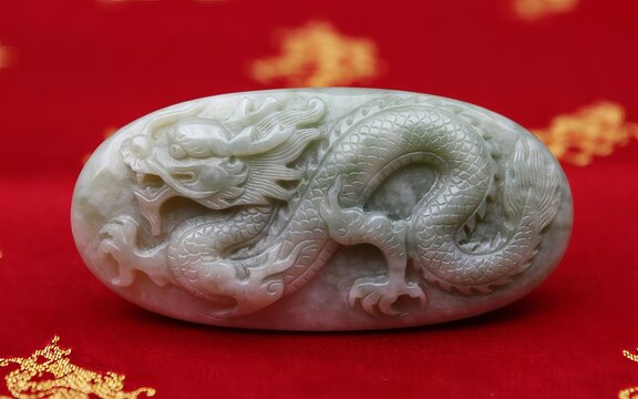 Oval jade carving with intricate chinese dragon relief on red fabric