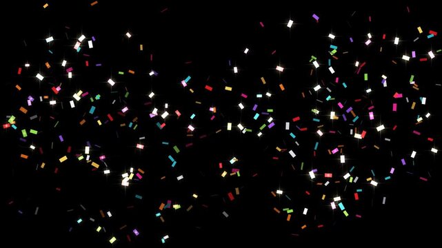 Confetti cannons shooting colorful paper confetti from the bottom corners that flutters down on black background