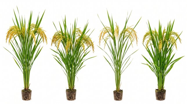 Different varieties of golden rice plants with green leaves