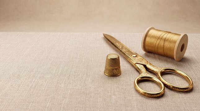 Commercial 3D e-commerce sale promotion banner with golden couture scissors and thimble