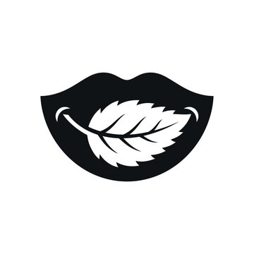 Minimalist black and white logo of lips holding a mint leaf symbolizing fresh breath and natural oral care.