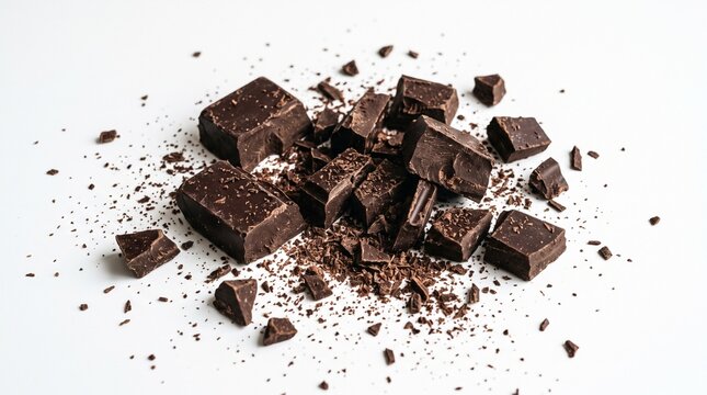 Broken pieces of dark chocolate with crumbs