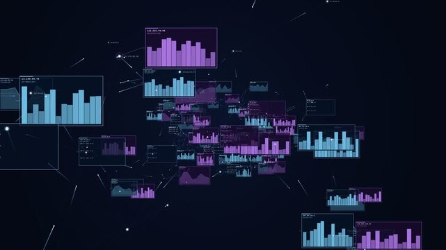 Financial Data Infographic Panels with Holographic Bar Charts Floating in Cyber Space for Corporate Business Presentation