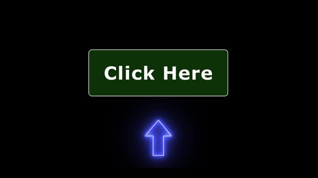 Green Click Here Button Motion Graphic Animation with Glowing Neon Blue Up Arrow Call to Action on Black Background