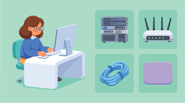 Woman Working with Network Server Router and Ethernet Cable Flat Illustration