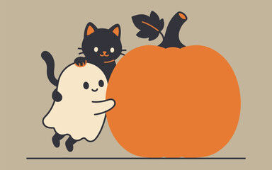 Fototapeta premium A playful ghost and black cat stand beside a large orange pumpkin on a beige background autumn halloween feline spooky festive seasonal