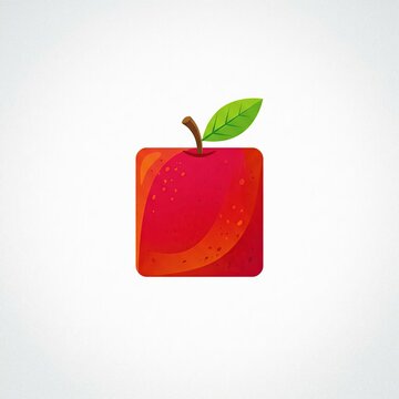 Minimalist 2D Illustration of a Stylized Square Red Mango with a Green Leaf and Brown Stem, Isolated on a Clean White Background, Ideal for Modern Food Graphic Design, Icons, and Creative Branding