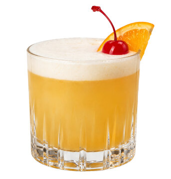 Classic whiskey sour cocktail served in a crystal glass with an orange slice and maraschino cherry