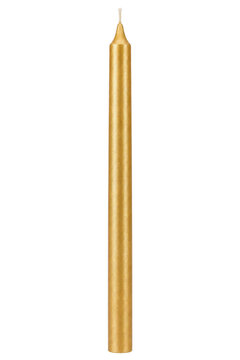 A single metallic gold taper candle isolated against a clean white background for decor