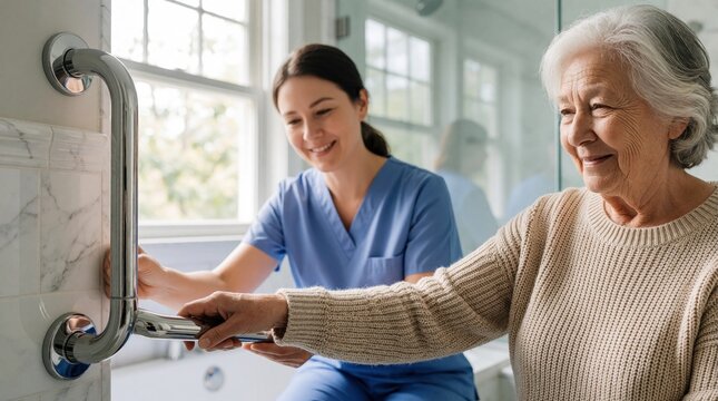 Occupational therapist installs chrome grab bar in senior bathroom for home safety. Elderly woman watches pro assist with mobility aid installation. Specialist performs home modification to improve