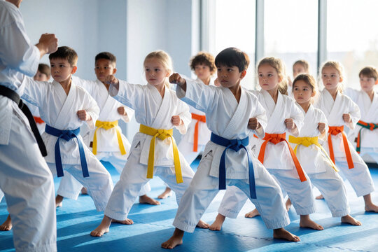 Diverse group of kids practice karate in gym. Children wear white kimono with colorful belts. Instructor teaches martial arts moves in training studio. Young students perform kata, punch during