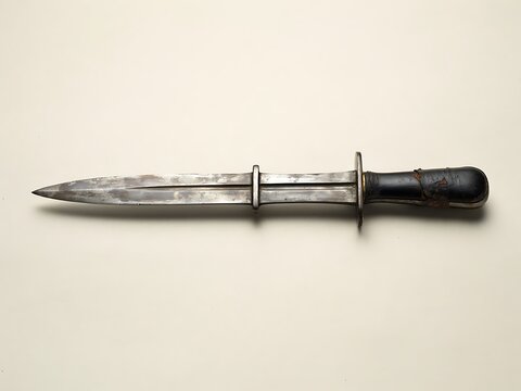 Antique dagger with a doubleedged blade and a black leatherwrapped handle