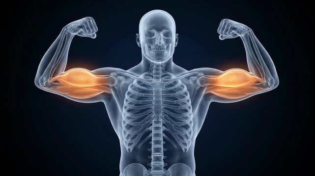 3d medical human skeleton flexing arms with glowing biceps