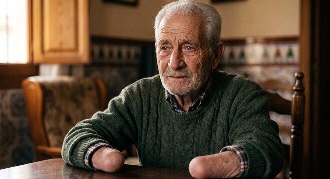 Elderly man with white hair seated at a wooden table in a traditional home interior