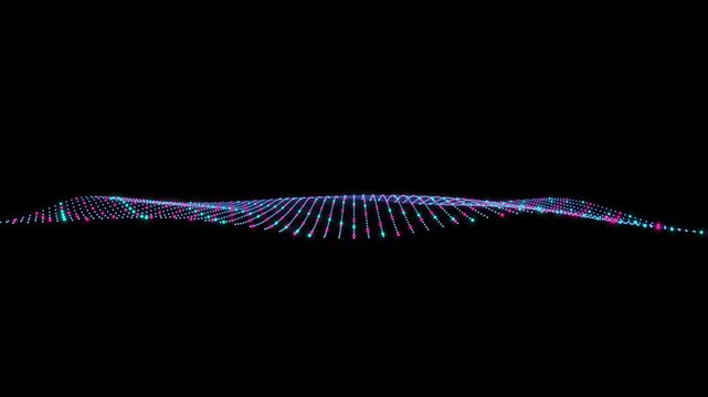 Glowing digital particle wave moving smoothly on a dark background showcasing futuristic abstract data visualization and high-tech concept for creative multimedia projects.