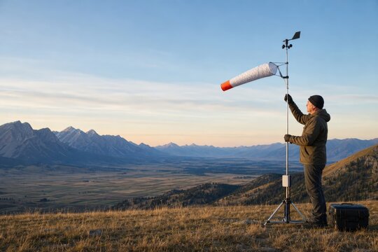 Weather Balloon Launch Preparation - Meteorological observer checking wind before a mountain-valley Ascent
