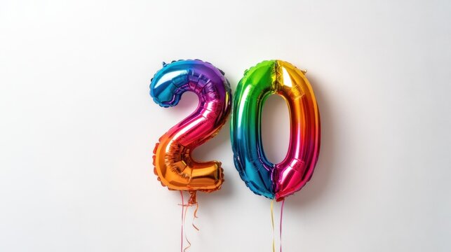 Rainbow number twenty balloons floating against white wall