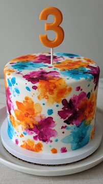 Decorated birthday cake with orange number three on neutral table background National Cake Decorating Day