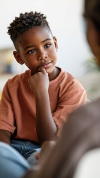 Young dark skinned boy reflecting while seated indoors