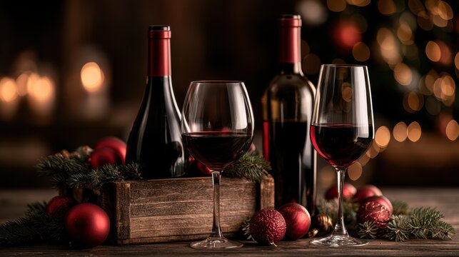 Wine bottles and glasses displayed on candlelit festive table