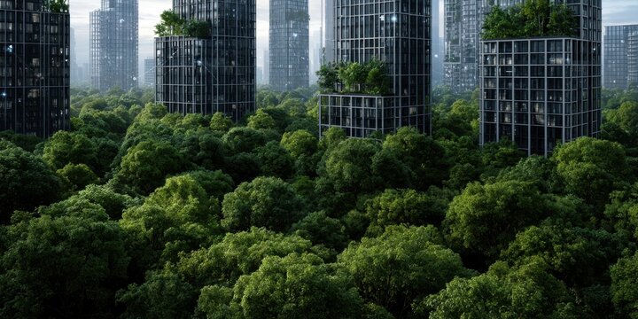 Forest canopy surrounding modular highrise buildings in city