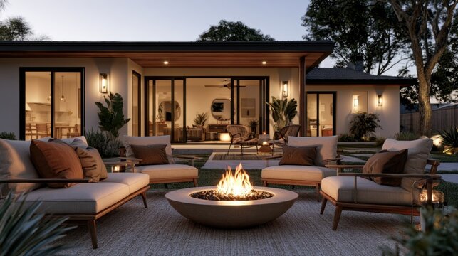 Patio lounge chairs surrounding fire bowl in backyard