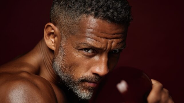 Brooding shirtless man with a burgundy balloon for dramatic portrait background and banner design for editorial use