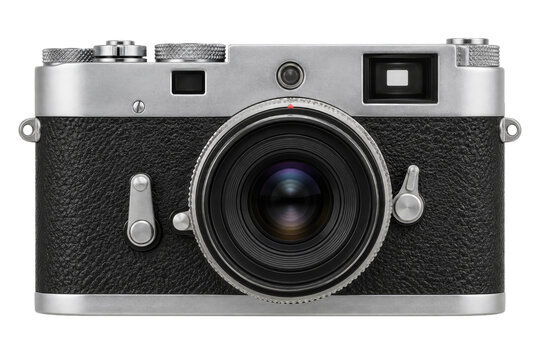 Front view of a classic silver and black rangefinder camera isolated on a white background