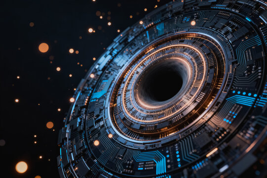 A futuristic circular tech structure with a dark central core, circuit patterns, and glowing particles in a dark space background.