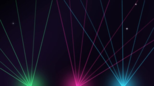 Green, pink and cyan laser beams sweeping through hazy darkness at a party, concert laser light show background