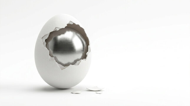 Conceptual image of a broken delicate white egg revealing a solid steel core inside, symbolizing hidden inner strength, resilience, and security, isolated on white