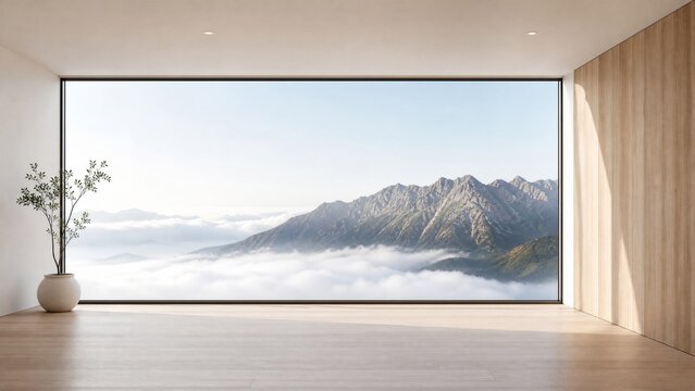 Modern interior room with large window overlooking misty mountain