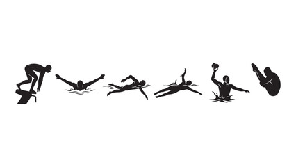 Obraz premium Competitive Swimmer Silhouettes and Aquatic Athletes Vector Design and Illustration with Pool Racing and Diving Positions Collection