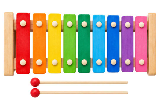 Colorful wooden xylophone toy with two mallets isolated on a clean white background for kids