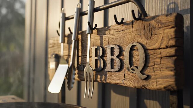Rustic wooden sign featuring BBQ letters and a row of hanging grilling utensils