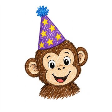 Cute cartoon monkey wearing a colorful birthday party hat with stars, hand drawn crayon pencil illustration isolated on white background for kids greeting card design.