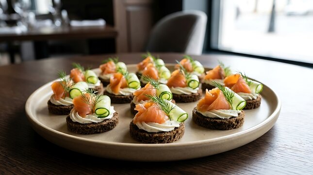 Fresh smoked salmon appetizers with cucumber and dill on dark rye bread served on a round plate. Sandwich appetizer ideas