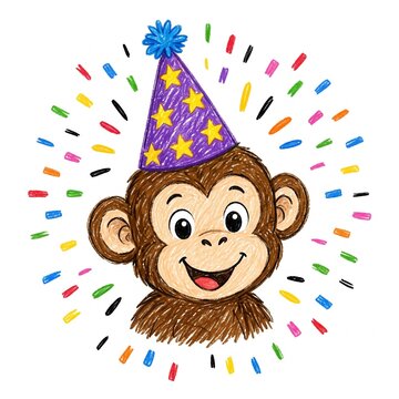 Cute cartoon monkey wearing a festive party hat celebrating a birthday with colorful confetti burst, playful crayon illustration isolated on white background