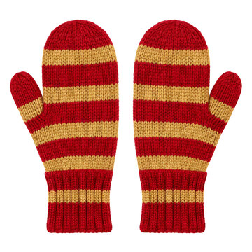 Pair of cozy red and gold striped knitted mittens isolated on a clean white background surface