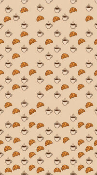 Seamless pattern with cute coffee cups and croissants on a beige background.