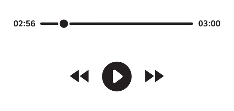 Video player control bar with scrub line and playback buttons for interactive multimedia website interfaces.