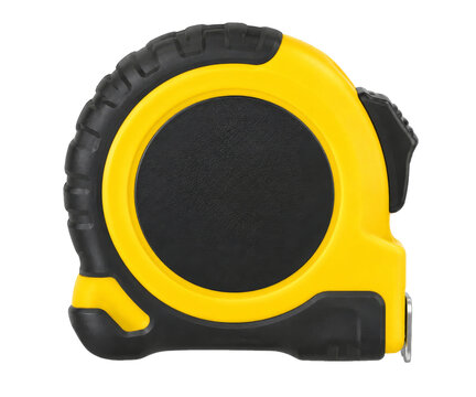 Yellow and black retractable tape measure tool isolated on a clean white background studio shot