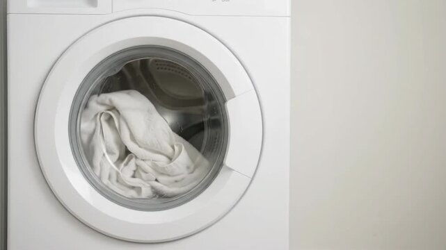 Front load washing machine drum spinning with white laundry. Appliance washing clothes in laundry room